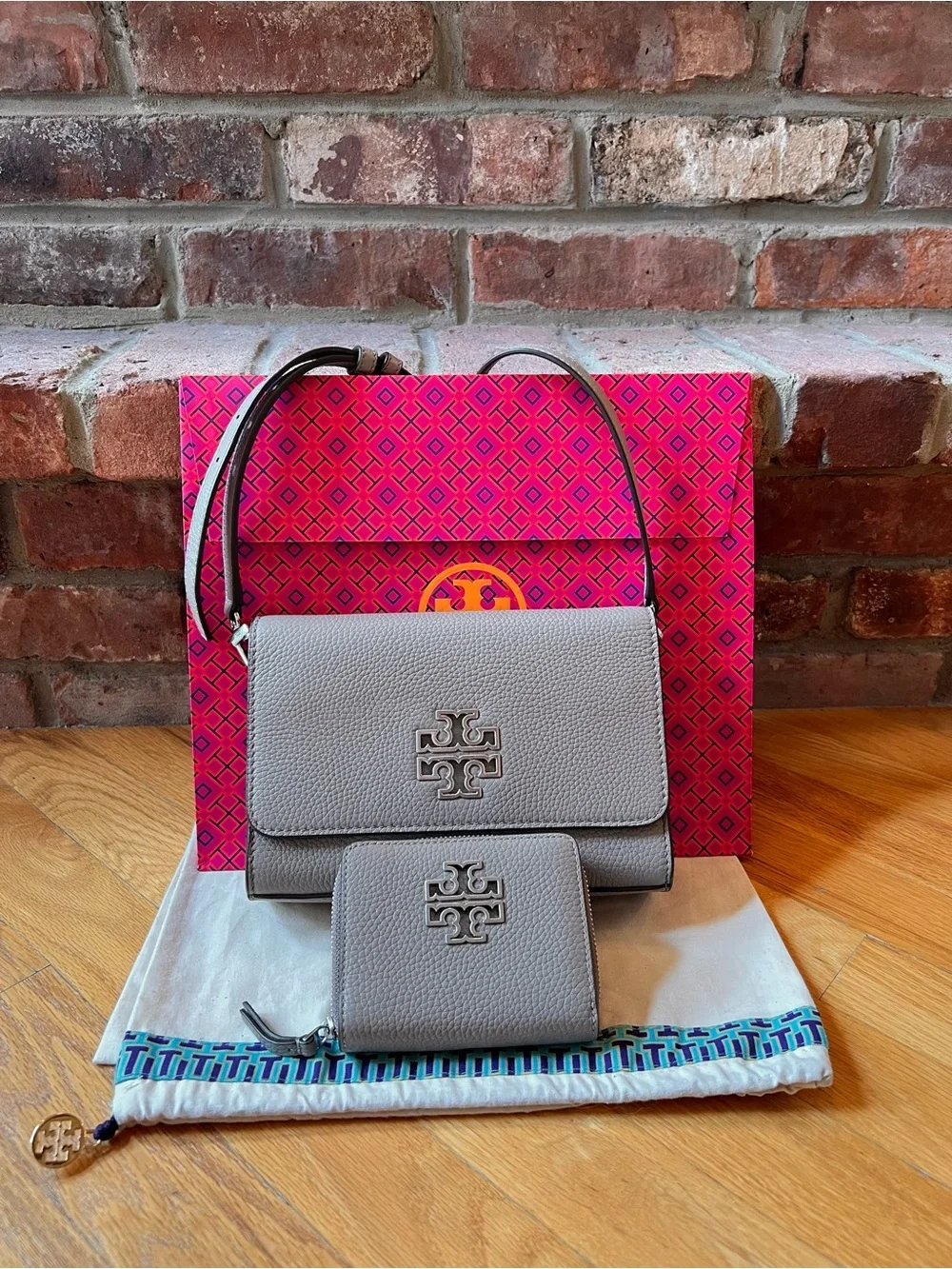 Tory Burch French Gray Leather Britten Combo Crossbody Bag & Bifold Wallet Set